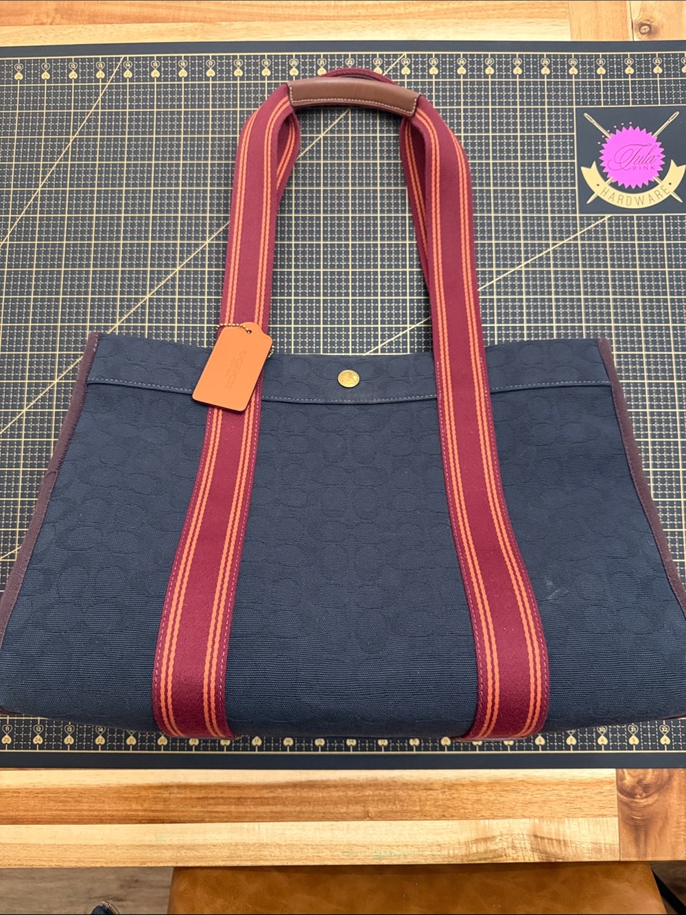 Coach Navy Canvas Tote with Burgundy Striped Handles